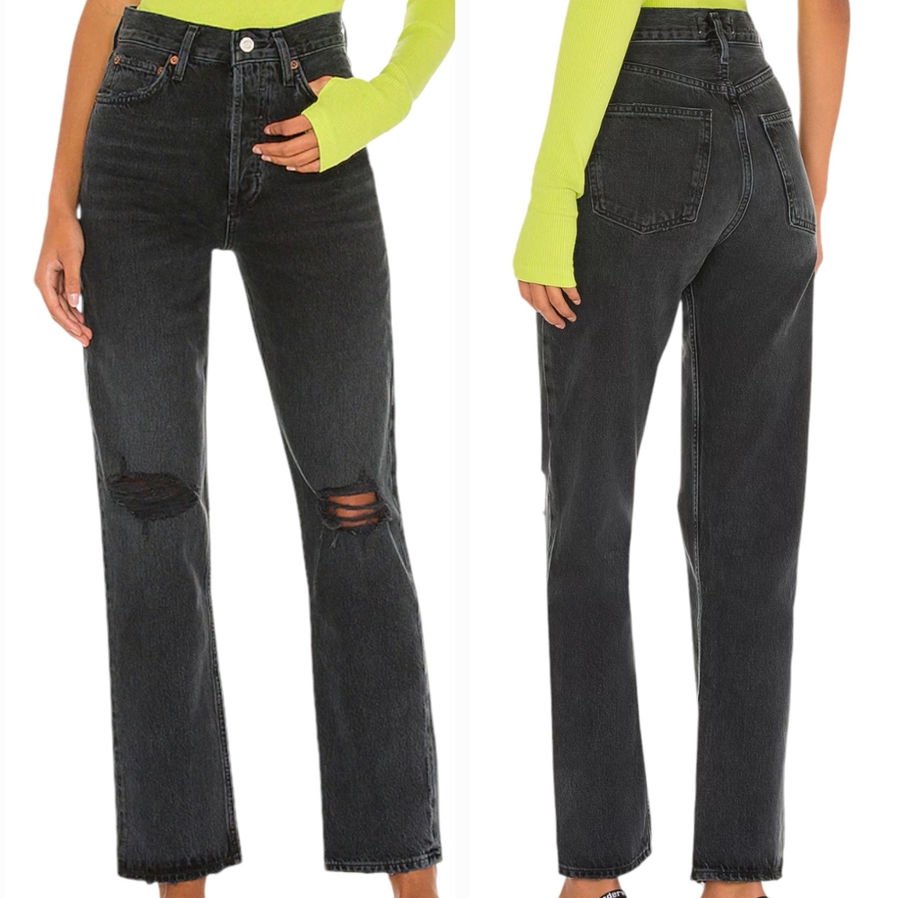 AGOLDE 90's Pinch Waist Straight Leg Jeans in Howl, Washed Black, Distressed